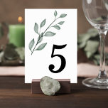 Minimalist Greenery Wedding Table Number Card Kaart<br><div class="desc">Add a refined and organized touch to your reception tables with these minimalist botanical wedding table number cards. Featuring a soft sage green watercolor leaf branch and a clean, modern layout, this design blends natural elegance with timeless simplicity. The delicate greenery illustration creates a graceful accent while the bold table...</div>