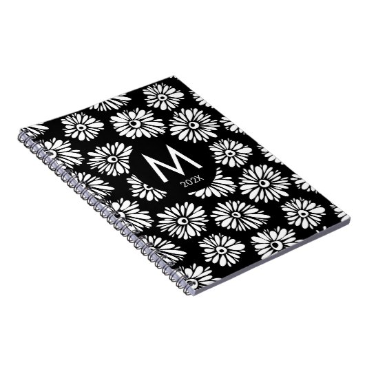 Minimalist Groovy Black and White Daisy Monogram Notitieboek (Rechterzijde)