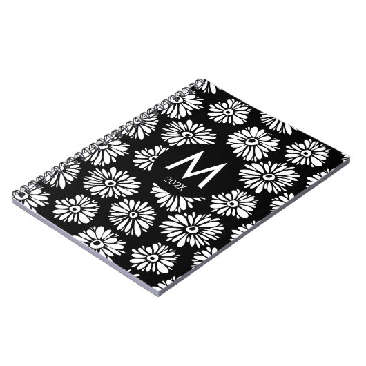 Minimalist Groovy Black and White Daisy Monogram Notitieboek (Linkerzijde)