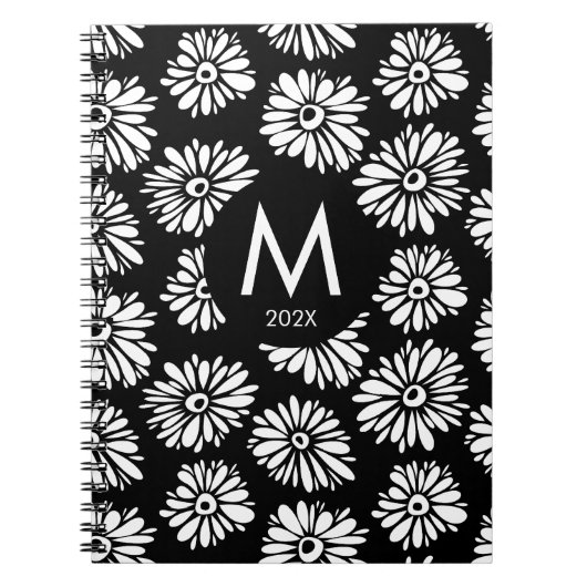 Minimalist Groovy Black and White Daisy Monogram Notitieboek (Voorkant)