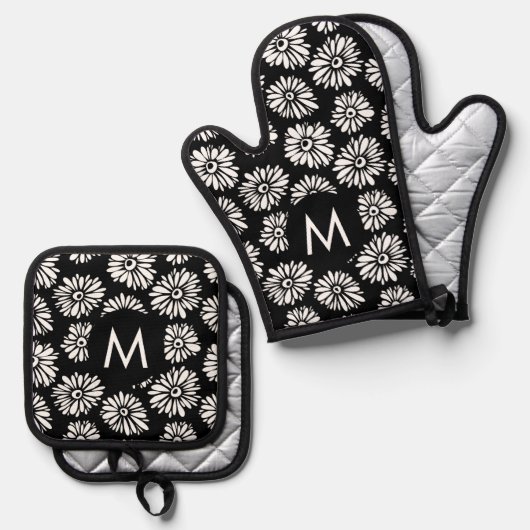 Minimalist Groovy Black and White Daisy Monogram Ovenwant & Pannenlap Set (Voorkant / Achterkant)