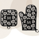 Minimalist Groovy Black and White Daisy Monogram Ovenwant & Pannenlap Set