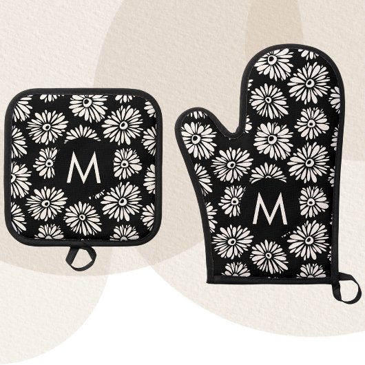 Minimalist Groovy Black and White Daisy Monogram Ovenwant & Pannenlap Set