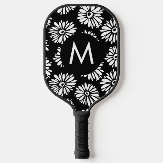 Minimalist Groovy Black and White Daisy Monogram Pickleball Paddle (Voorkant)