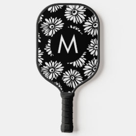 Minimalist Groovy Black and White Daisy Monogram Pickleball Paddle