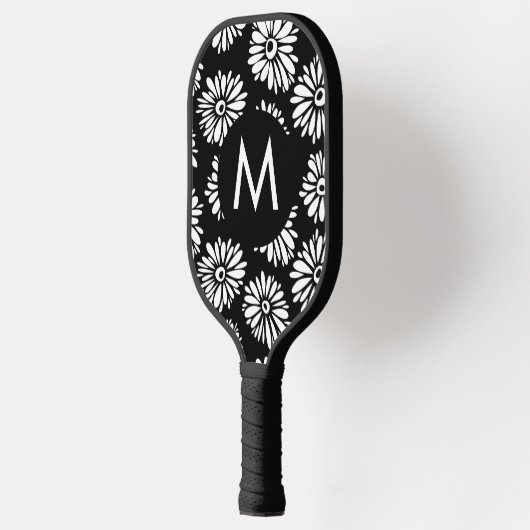 Minimalist Groovy Black and White Daisy Monogram Pickleball Paddle (Links)
