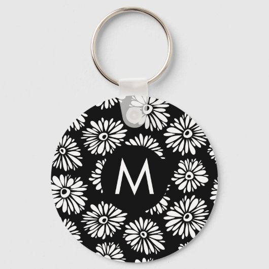 Minimalist Groovy Black and White Daisy Monogram Sleutelhanger (Voorkant)