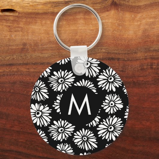 Minimalist Groovy Black and White Daisy Monogram Sleutelhanger (Voorkant)