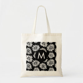 Minimalist Groovy Black and White Daisy Monogram Tote Bag