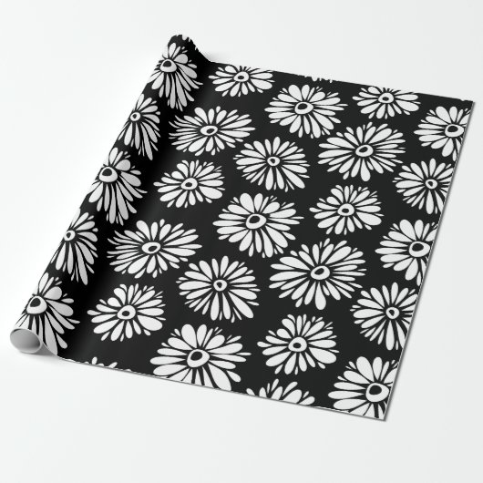 Minimalist Groovy Black and White Daisy Pattern Cadeaupapier (Uitgerold)