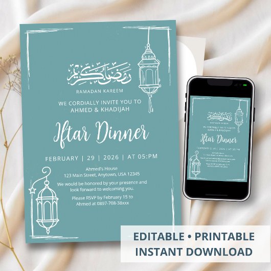 Minimalist Hand Drawn Lantern Ramadan Iftar Dinner Kaart