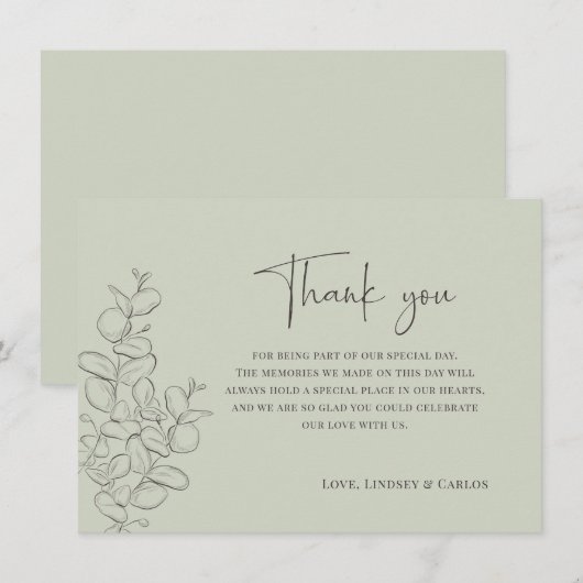 Minimalist handdrawn leaves green script wedding bedankkaart (Voorkant / Achterkant)