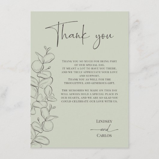 Minimalist handdrawn leaves green script wedding bedankkaart (Voorkant)