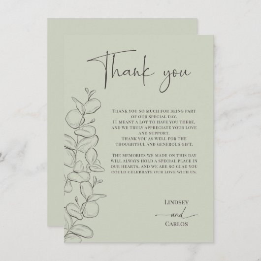 Minimalist handdrawn leaves green script wedding bedankkaart (Voorkant / Achterkant)