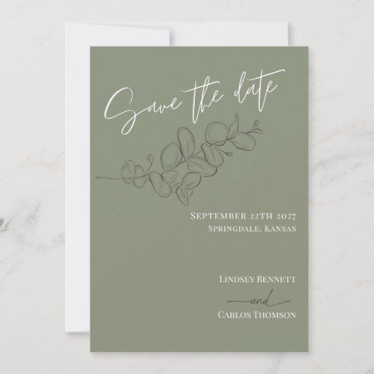 Minimalist handdrawn leaves green script wedding save the date (Voorkant)