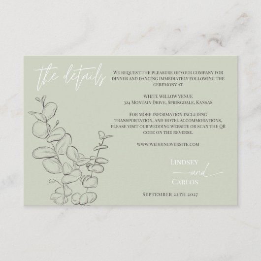 Minimalist handdrawn leaves sage green details QR  Informatiekaartje (Voorkant)
