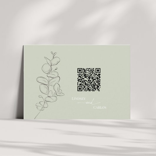 Minimalist handdrawn leaves sage green details QR  Informatiekaartje