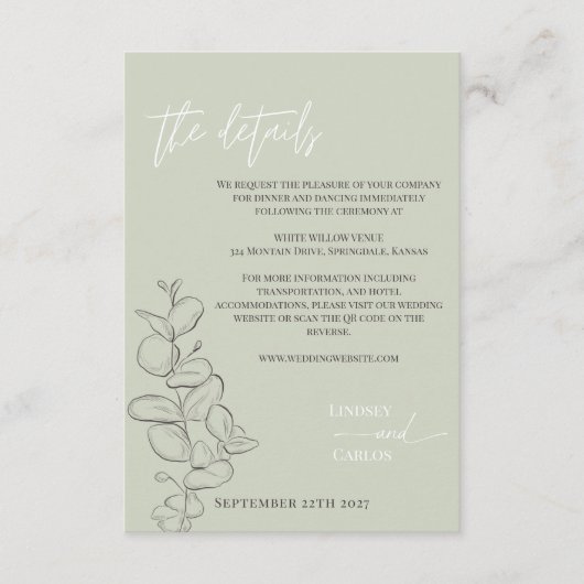 Minimalist handdrawn leaves sage green details QR Informatiekaartje (Voorkant)