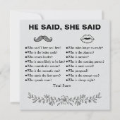 Minimalist He Said She Said Wedding Game Kaart (Voorkant)