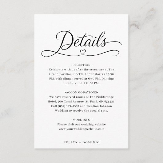 Minimalist Heart Script Wedding Details Informatiekaartje (Voorkant)