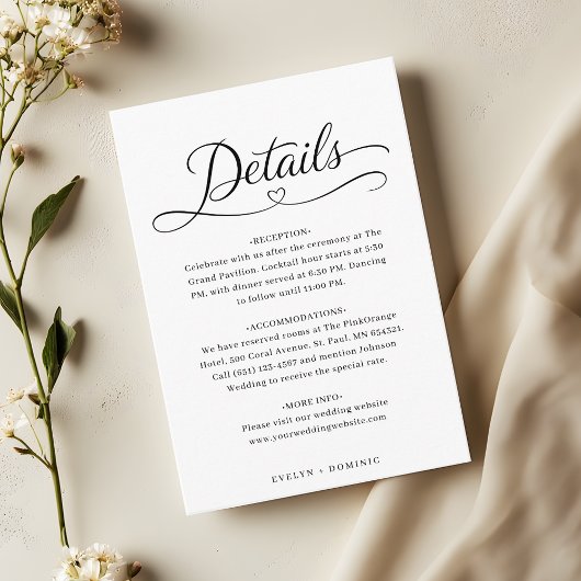 Minimalist Heart Script Wedding Details Informatiekaartje