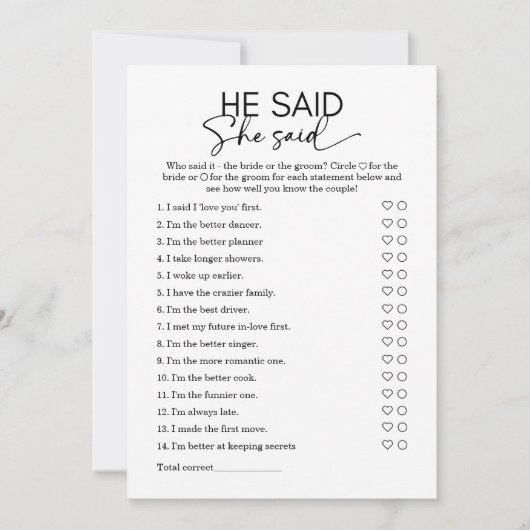 Minimalist Hij zei dat ze Vrijgezellenfeest spel z Kaart (Voorkant)