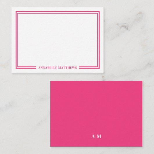 Minimalist Hot Pink Two Border Monogram Notitiekaartje (Voorkant / Achterkant)