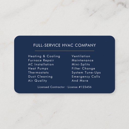 Minimalist HVAC Navy Blue Gold Modern Visitekaartje (Achterkant)