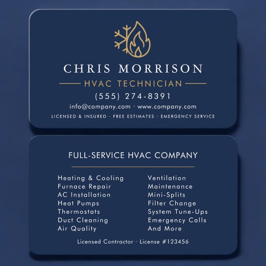 Minimalist HVAC Navy Blue Gold Modern Visitekaartje