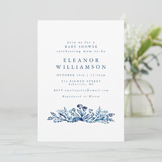 Minimalist Indigo Blue Ink Botanical Baby Shower Kaart (Staand voorkant)