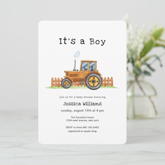 Minimalist It's A Boy Framer Tractor Baby Shower  Kaart (Staand voorkant)
