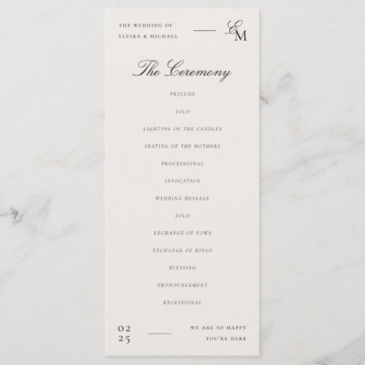 Minimalist Ivory Editorial Wedding Programmakaart (Voorkant)