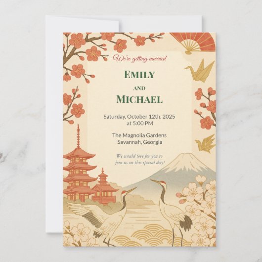 Minimalist Japanese Cherry Blossom Wedding Kaart (Voorkant)
