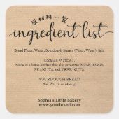 Minimalist Kraft Ingredient List Bakery Product Vierkante Sticker (Voorkant)