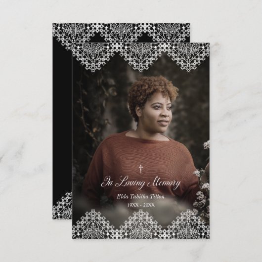 Minimalist Lace Photo Remembrance Service Dear One Notitiekaartje (Voorkant / Achterkant)