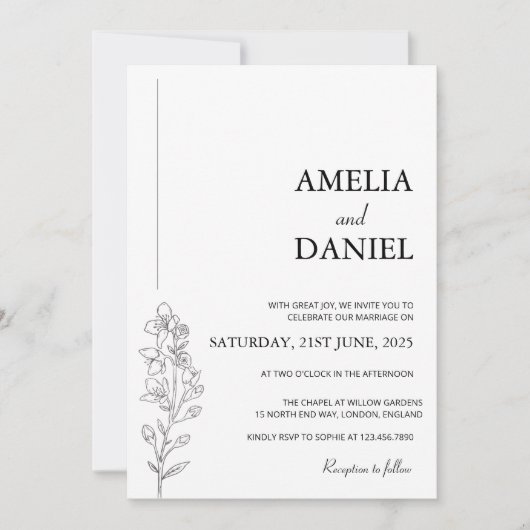 Minimalist Larkspur Floral Wedding Invitation Kaart (Voorkant)
