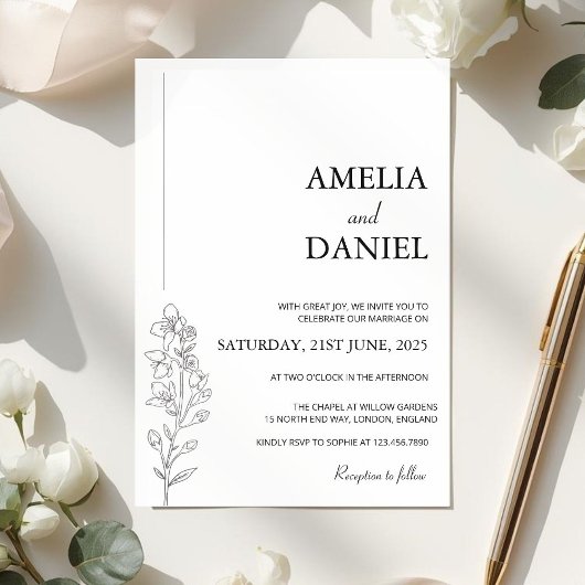 Minimalist Larkspur Floral Wedding Invitation Kaart