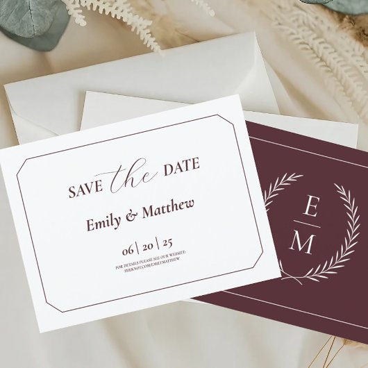 Minimalist Laurel Monogram Wedding Save The Date Aankondigingskaart