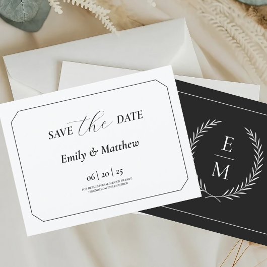 Minimalist Laurel Monogram Wedding Save The Date Aankondigingskaart