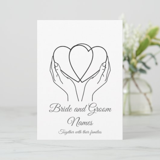 Minimalist Line Art Hearts & Hands Grey Wedding In Kaart (Staand voorkant)