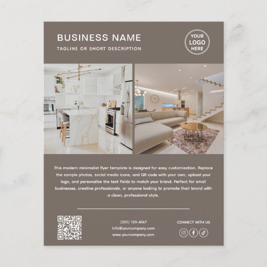 Minimalist Logo Photo QR Code Taupe Business Flyer (Voorkant)