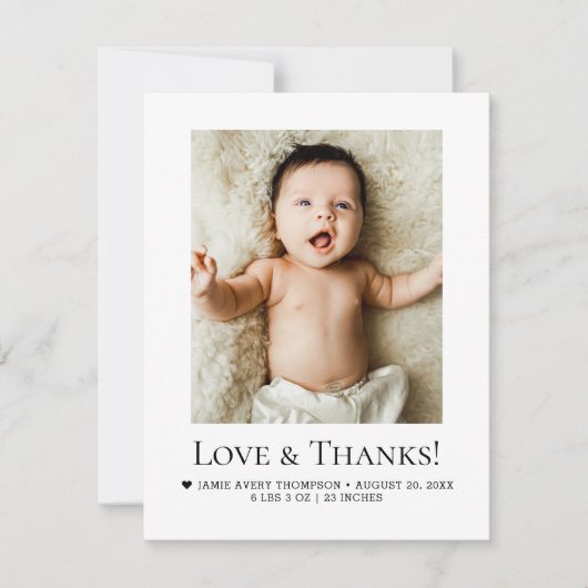 Minimalist Love & Thanks Baby Photo Birth Stats Bedankkaart (Voorkant)