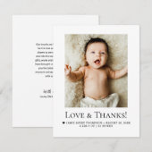 Minimalist Love & Thanks Baby Photo Birth Stats Bedankkaart (Voorkant / Achterkant)