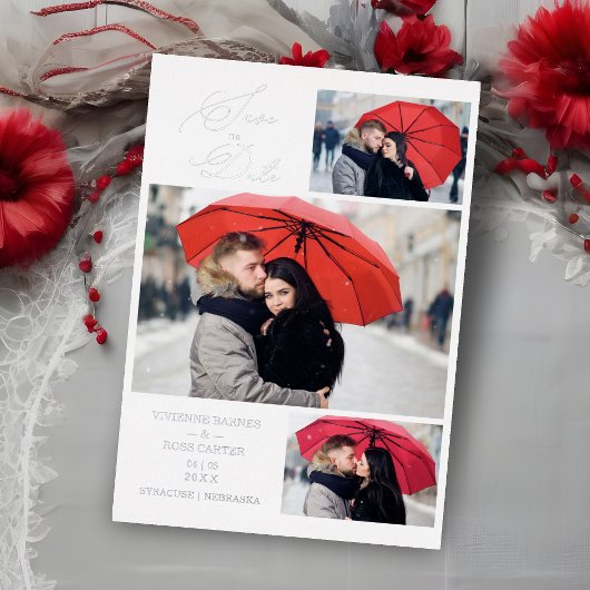 Minimalist Luxury 3 Photos Wedding Silver  Folie Uitnodiging