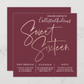 Minimalist Maroon Roos Gold Typography Sweet 16 Kaart (Voorkant / Achterkant)