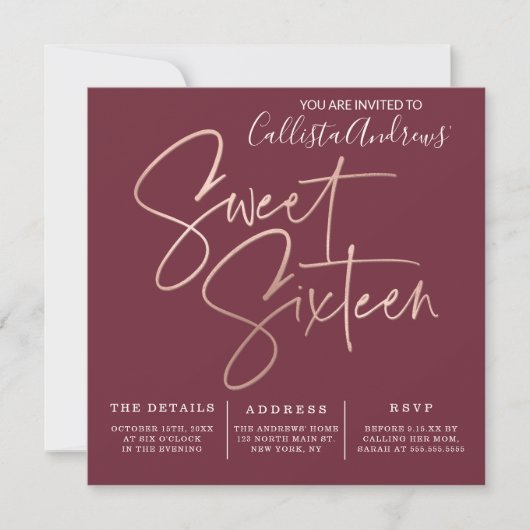 Minimalist Maroon Roos Gold Typography Sweet 16 Kaart (Voorkant)