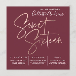 Minimalist Maroon Roos Gold Typography Sweet 16 Kaart