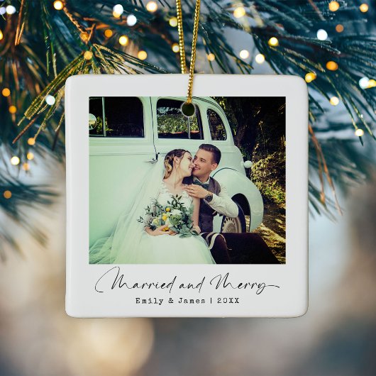 Minimalist Married & Merry Christmas Foto Keramisch Ornament