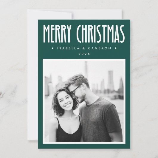 Minimalist Merry Christmas dark green photo Feestdagenkaart (Voorkant)