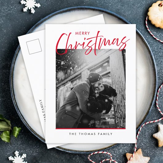 Minimalist Merry Christmas Eenvoudige rode foto Feestdagenkaart